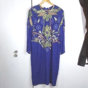 Moonlite NY 100% Silk Cobalt Blue Vintage Sequin/ beaded Dress/Gown Sz.XL2